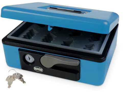 Amig - Geldkassette aus Stahl | Sicherheitszylinder & 2 Schlüssel | Münzschale & Tragegriff | Vielseitig für Zuhause & Büro | Blau, 165x125x80mm