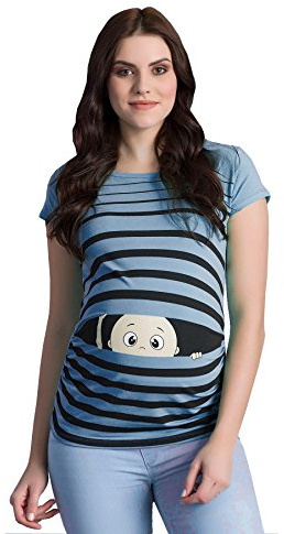 M.M.C. Umstandsshirt Kurzarm Damen mit Guck-Guck-Motiv – Umstandsmode T-Shirt für die Schwangerschaft, mitwachsende Raffung, 95% Baumwolle, S bis XL