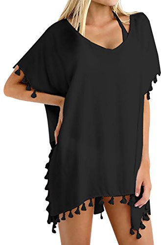 Chalier Damen Strandponcho Bikini Cover Up Quasten Strandkleid Sommer Bademode