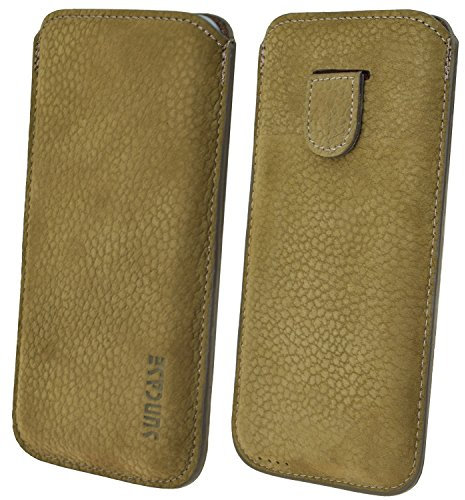 Suncase Original Leder Etui für iPhone XS Max (6.5) Tasche *Ultra Slim* Handytasche Ledertasche Schutzhülle Case Hülle (mit Rückzuglasche) in olivgrün-Veloursleder