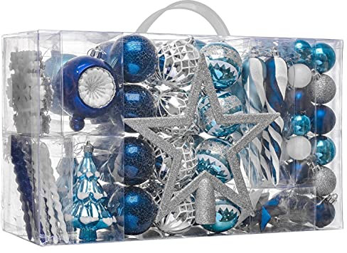 Valery Madelyn Christmas Ornaments Set, 100ct Navy Blue and Silver Shatterproof Christmas Tree Decorations Ball Ornaments Bulk, Winter Wonderland Hanging Ornaments for Xmas Trees Holiday Decor