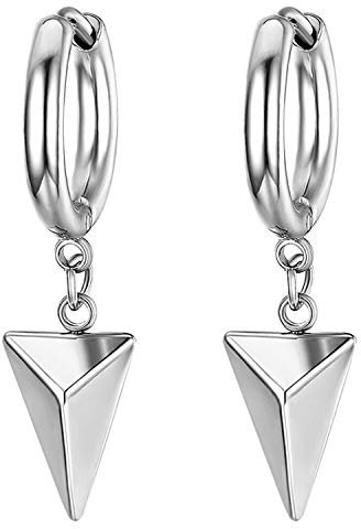 JewelryWe Schmuck Paar Silber Baumelnde Dreieck Pyramide Creolen für Herren Damen, Edelstahl Huggie Ohr Manschette Ohrringe