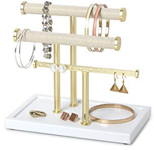 Umbra Trois organiseurs de table pour colliers, bracelets et boucles d'oreilles, lin, blanc/laiton, 3 niveaux