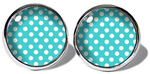Punkte Weiss-Türkis Ohrstecker ABOUKI Damen Mädchen Kind Kinder Edelstahl Ohrschmuck Motiv Polka Dots Rockabilly gepunktet handgefertigte Ohrringe silber-farben