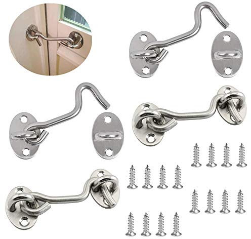 DARENYI 4Pcs Hook and Eye Latch 3 Inch Cabin Hook Gate Hook Lock Stainless Steel Gate Hook and Eye Latch Door Latch Hook for Window Garden Shed Garage Door