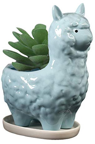 Gemseek Blauer Keramik-Lama Sukkulenten-Übertopf mit Drainageschale, Alpaka-Kaktus/Blumentopf, Bonsai-Halter für Zimmerpflanzen