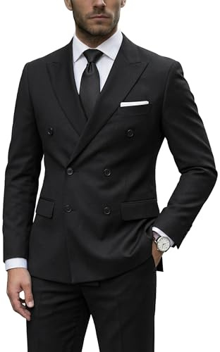 YND Men's 2 Piece Suit, Double Breasted Slim Fit Jacket Pants Set and Tie, Party Prom Dinner Wedding Blazer Tuxedo & Trousers, Black