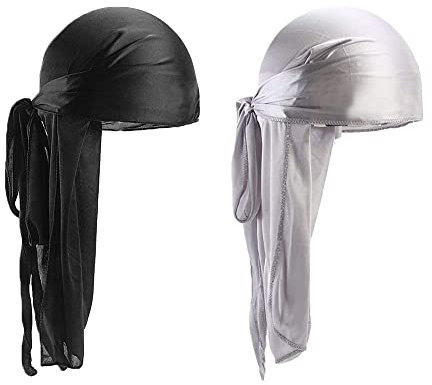 QincLing 2 Stücke Durag Men Silk, Silky Satin Durag Silky seidige Durag Atmungsaktive Soft Durag Doo Rags herren mit Langem Schwanz und Breiten Trägern für Männer und Frauen, Wellen(Schwarz, Weiß)
