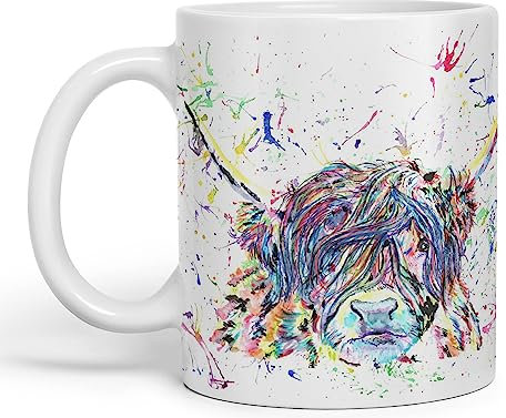 Vixar Tasse colorée en forme de vache des Highlands écossais, aquarelle, arc-en-ciel, cadeau, anniversaire, travail, bureau, Noël, thé et café (blanc)