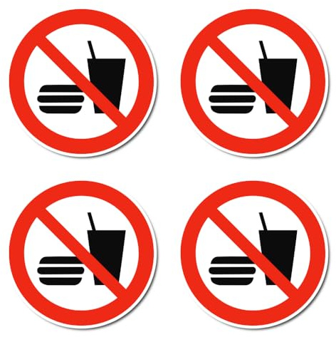 Essen und Trinken verboten, Verbotszeichen: P022 - DIN EN ISO 7010 / ASR A1.3 - Aufkleber: Ø 7.5 cm, 4 Stück
