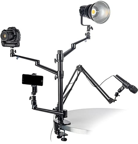Walimex pro Flexible Microphone Boom Arm Table Tripod Stand for Mounting Camera, LED up to 2 kg Including 360° Ball Head for Streaming, Vlogging, Video Calls, Stable Clamp Tripod up to 65 mm Table
