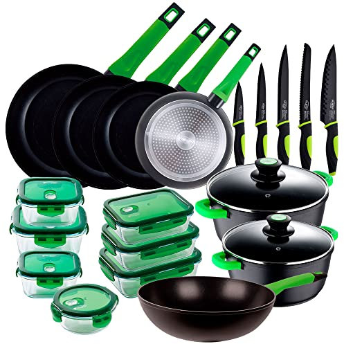 San Ignacio Colección Completa Vitoria: 2 cacerolas con Sus Tapa de Vidrio, de Ø20x9 y Ø28x12,5 y Set de 4 sartenes de Ø20x4,5 Ø24x5 Ø26x4,5 y Ø28x5,4 cms, Aluminio Fundido