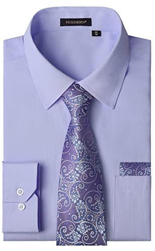 HISDERN Men's Lilac Shirts Long Sleeve Smart Formal Plain Dress Shirt and Tie Set Business Casual Wedding Regular Fit M