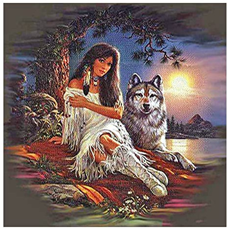 DCIDBEI 40x50CM 5D Diamant Malerei Erwachsene, Quadratisch Malen Nach Zahlen Tiere Wolf, Kinder Diamond Painting Indianer Set, Dekoration,Basteln, Malen & Handarbeiten,Wolf und Frau