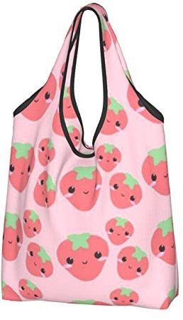VGFJHNDF Faltbare Einkaufstasche für Damen, mit Pfotenabdruck, wiederverwendbar, umweltfreundlich, Einkaufstasche, Geschenktasche, Strandtasche, Einkaufstasche, hält 25 kg, Süße Erdbeere,
