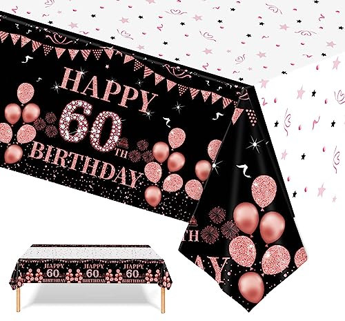60th Table Cloth,Black Rose Gold Birthday Tablecloth 137*274cm rectangle Disposable Tablecloth Party Table Cloth Large Plastic Table Cover Black Rose and Gold Decors for 60th Birthday Party supplies