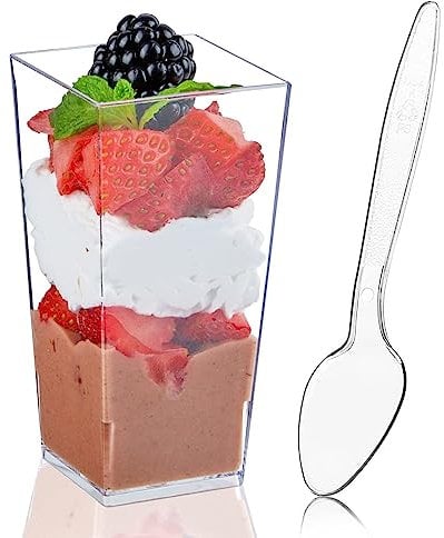 50Pack 3oz Mini Clear PP Dessert Cups with Spoons Mini Square Tall Tumbler Sample Cups for Individual Mousse Trifle Fruit Pudding