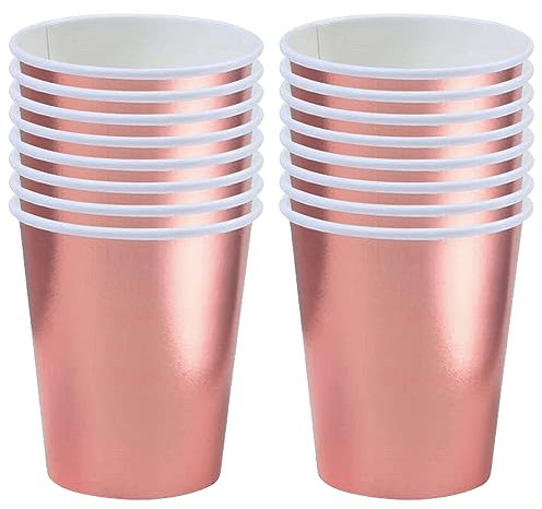 POPOYU 250ml Roségold Papier Partybecher,16 Stück Roségold Pappbecher,Trinkbecher Hochzeit Einwegbecher Disposable Cups für Hochzeit,Kinder DIY,Partybedarf,Tee,Heißen und Kalten Getränken Einwegkaffee