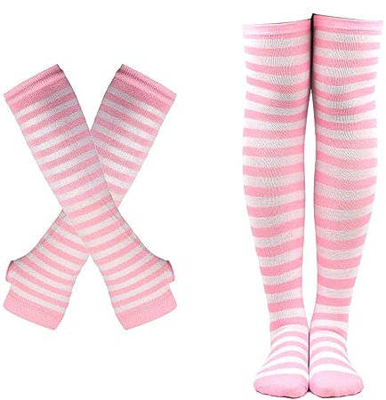 SUNTRADE Damen Mädchen Cosplay Gestreifte Kniestrümpfe Beinwärmer Fingerlose Handschuhe Set (Rosa-Weiß)