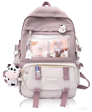 TOKLYUIE Kawaii Rucksack mit Kawaii Pin und Zubehör, niedlicher Kawaii Rucksack Große Kapazität Canvas Rucksäcke, Multi Pocket Rucksack für Teenager Mädchen Niedliche Kawaii Schulrucksäcke, weiß, 30cm