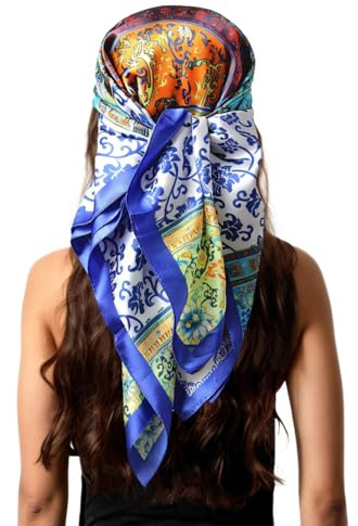 vabovin Seidenähnliches Kopftuch für Damen, quadratisch, Satin, bedruckt, Bandana, für Haarwickel, modisches Accessoire, 90 cm, 35'' x 35''