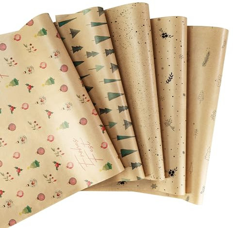 Geschenkpapier Weihnachten – 5 Geschenkpapier Rollen im Set – Weihnachtsgeschenkpapier aus Kraftpapier – für Geschenke an Kinder und Erwachsene – Rolle: 47 cm breit, 2 m lang