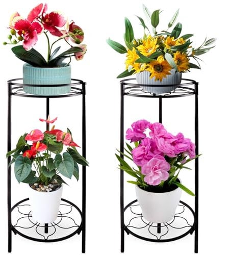 Kataslly 2 Stück 2 Etagen Metall Pflanzenständer Indoor Outdoor 68,6 cm hoch Schmiedeeisen Blumentopf Regal für mehrere Pflanzen, Eck-Pflanzenhalter Rack für Terrasse, Garten, Küche, Balkon,