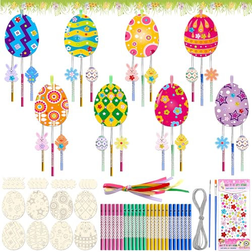 TOPJOWGA Ostern Windspiel Bastelset Kinder, 44 Stück Ostern Basteln Holz, Ostereier Osterhase Osterküken Deko, Holzbastelsets für Kinder, Ostern Windspiel für DIY Kinder Malen Dekoration