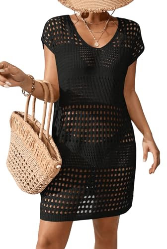 GORGLITTER Damen Cover-up Kleid Strandkleid Haken Sommerkleid mit Loch Strandponcho Badekleid Strand Abdeckungs ohne Bikini Schwarz L