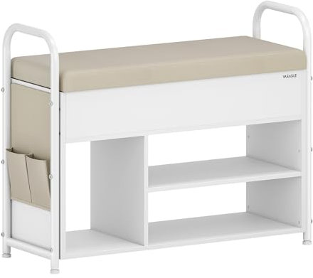 VASAGLE Shoe Storage Bench, Shoe Rack, Entryway Furniture, Inner Storage Under the Lid, PU Pockets, Convenient Handles, for Entryway, Living Room, Bedroom, Cloud White and Cuppuccino Beige LSB052W02