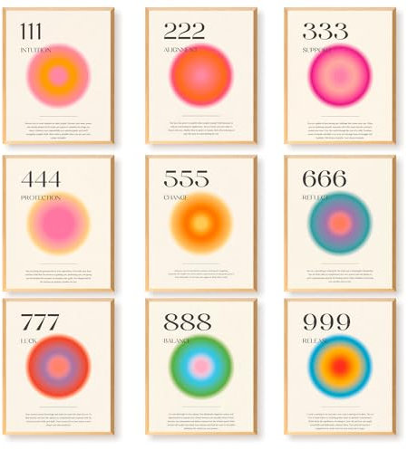 9 Stück Engelnummernposter – Aura-Poster, ästhetische, spirituelle Poster, Farbverlauf, Engelszahlen, inspirierende Zitate, Wandkunst, rosa Aura-Balance, Energiebilder, bunte Aura-Wandkunst für