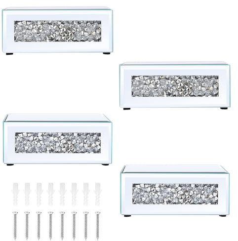 BTSKY 4pcs Kleines verspiegelte Regal mit Diamanten - Wandmontierte Tischplatte Display Halter Rack Stand Regal, Silber