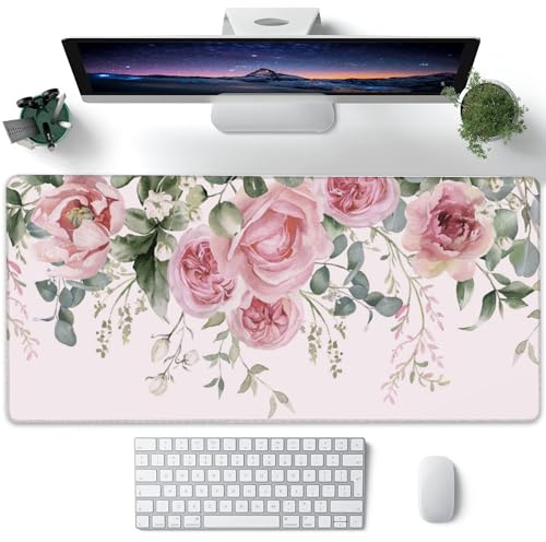 Grand tapis de souris XXL, fleurs de pivoine roses, feuilles vertes d'eucalyptus pour bureau, grand tapis de souris de jeu avec base en caoutchouc antidérapant, bords cousus pour la maison et le