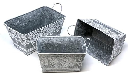 allgala Pot de fleurs galvanisé pour décoration intérieure et extérieure-Rectangle Gris-3-PC-HD88318