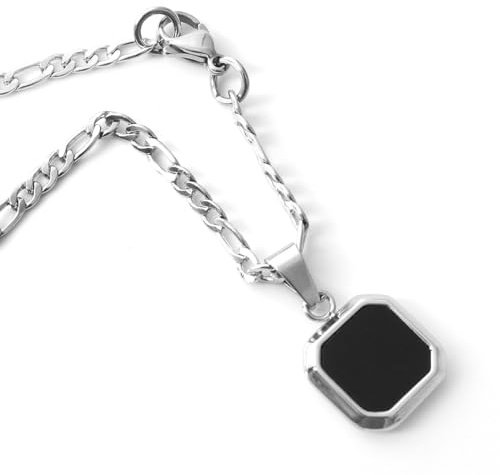 Halskette mit schwarzem Onyx-Anhänger, Stein-Anhänger, Herren-Halskette, Edelstahlkette, Herren-Schmuck, Silber-Halskette, 50,8 cm