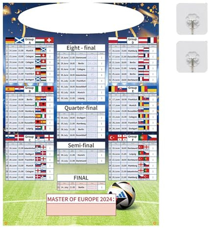 LHCUPGE EM Spielplan 2024 Poster EM Planer 2024, EM 2024 Deko Europameisterschaft 2024 Spielplan Größe 70x100 cm 2024 Spielplan der Tolle Geschenke für Fußballfans