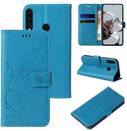 LBH Handy Hülle für Huawei P30 Lite Case Handytasche Schmetterling Blumen Flower Standfunktion Schutzhülle Magnet Rundum Schutz 360 Grad Flipcase Cover Blau