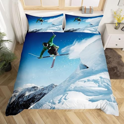 ZAHOCAI Ski Bettwäsche 135x200 Sport Bettwäsche-Sets Mikrofaser Bügelfreie & Knitterfrei Bettbezug mit Reissverschluss und 2 Kissenbezug 80x80 cm für Allergiker