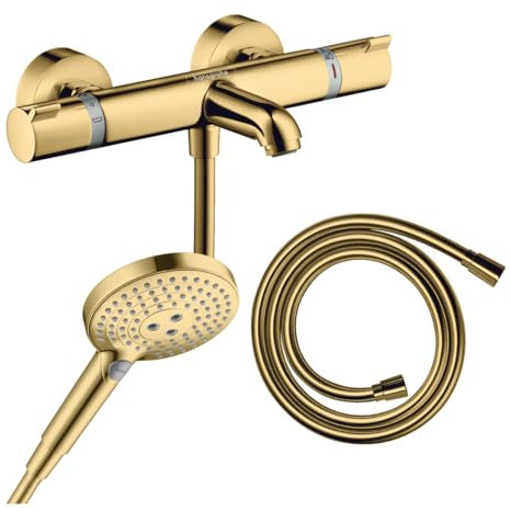 Hansgrohe Pack mitigeur Bain Douche thermostatique Ecostat Comfort + Flexible Isiflex + Pommeau Raindance Select 3jets Aspect doré Poli
