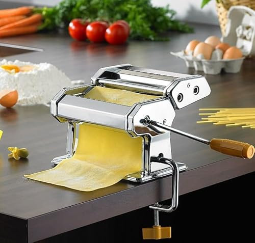 Nudelmaschine Manuell Edelstahl Inkl. Nudeltrockner, Pasta Maker, Nudelpresse, Pasta Maschine mit Vintage Holzgriff und 3 verschiedenen Schneidevarianten, schmale und breite Nudeln (02)
