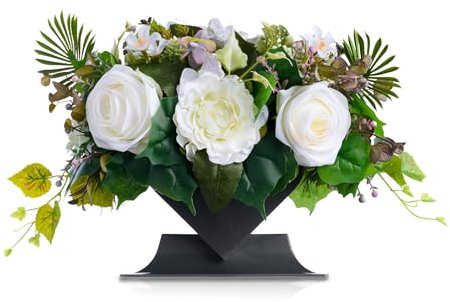 PAFEN Premium Grabschmuck aus Kunstblumen - 30 x 32 x 21 cm – Grabgesteck Weiß Strauß Grabherz Grabdekoration Grableger Grabstein Dekorationen Blumen für Grab