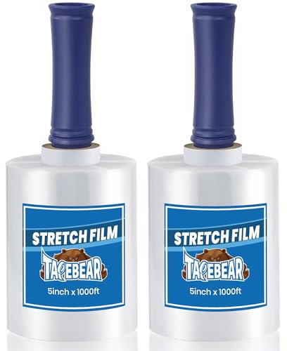 TAPEBEAR Mini Film Étirable Avec Poignée 13cmX305m, Transparent Palette Wrap Pellicule Plastique, Film Rétractable pour Emballage Le Déménagement et L'expédition, Lot de 2