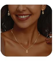 Hernin Kette Buchstabe Gold für Damen Vergoldete Buchstaben Halskette Damen Golden Kette mit Buchstaben A-Z Initial Halskette mit Ohrstecker Geschenke für Frauen Mädchen (Gold #S)