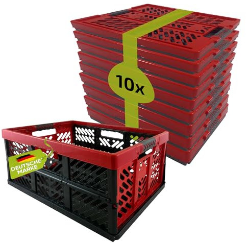 homesti Klappbox 45 L bis 50 kg, 10er Set, 54 x 36 x 28 cm, Einkaufskorb in Rot Anthrazit, stabil, faltbar, Soft-Touch Griffe, lebensmittelecht, pflegeleicht
