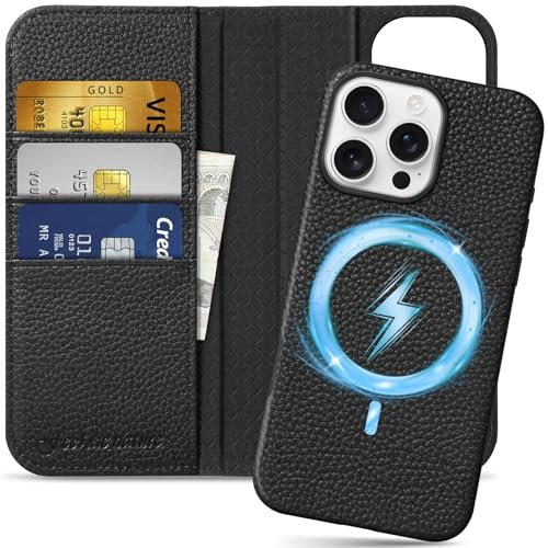 SHIELDON Hülle für iPhone 16 Pro Max, 2 IN 1 Case [Litschi Echtleder][Abnehmbar] [Kabelloses Laden] [Kartenfach] [RFID Blocker] Handyhülle Kompatibel mit iPhone 16 Pro Max 5G 6,9 - Schwarz