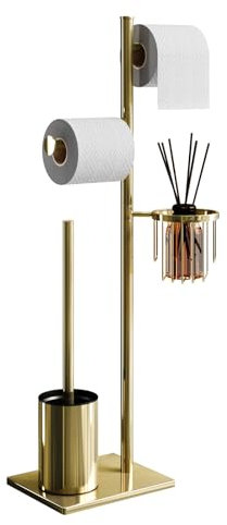 Edelstahl Klopapierhalter Stehend mit Klobürste - Toilettenpapierhalter Stehend mit Bürste in Gold, mit WC-Bürste und Eckenkorb (Gold)