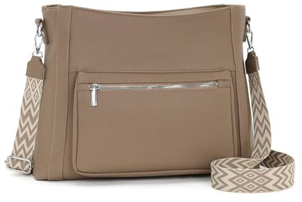 RQJZ Umhängetasche Damen groß PU Leder Schultertasche Damen Crossbody Bag Hobo Bag Verstellbarer Gurt Shopper Tasche Damen Elegant Alltag Arbeit Beigebraun