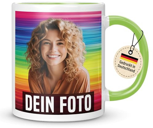 Personalisierte Tasse mit Foto, Tasse personalisiert mit Foto und Text – gedruckt in Deutschland (Grün, Basic Druck)