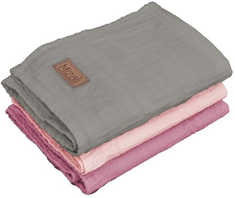 Mizali Premium Musselintuch Baby Spucktücher, 50x70 cm, 2-lagig, Baumwolle, 3er Set, Einfarbig (Rose, Altrose, Grau)