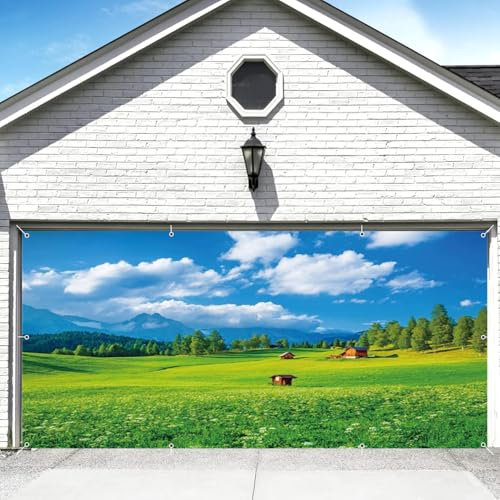 Frühlingsgrünes Grasland Garagentor Abdeckung Banner Dekorationen Hintergrund 2,1 x 4,9 m große Rasenweiden Landschaft natürliche Landschaft Garagentor Banner Geburtstag Party Babyparty Outdoor